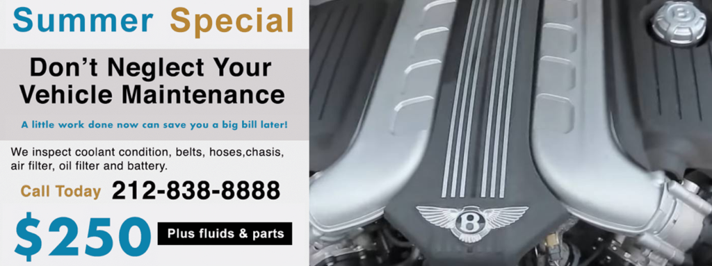 Don't fall behind on scheduled service or maintenance on your Bentley automobile. Ask Bentley Repair NYC about their Bentley pick up and delivery service in NYC. Let us help you keep your Bentley looking and running like new. Call us we can help we are the #1 Bentley dealer alternative for Bentley scheduled service, maintenance and repairs in NYC.